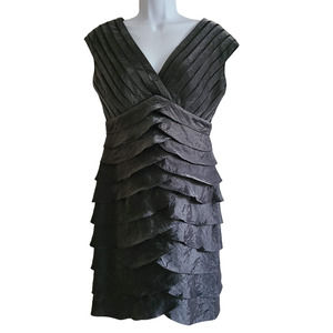 ADRIANNA PAPELL Pewter Gray Metallic Shutter Pleat Midi‎ Dress Women's 10 Petite